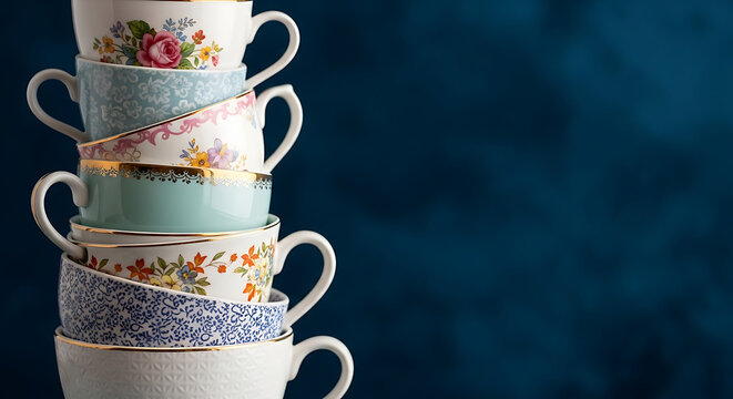 Elegant vintage porcelain tea and ceramic coffee cups stacked artistically against a dark petrol teal background featuring copy space for creative graphic design and rustic cafe decoration