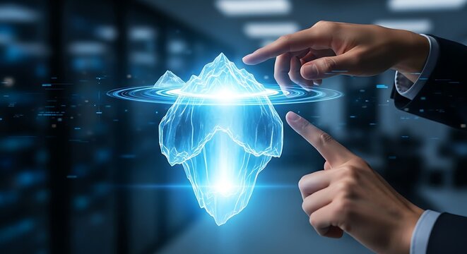 Root cause analysis concept. An analyst's hands touch a hologram of an 'iceberg', causing the larger, submerged part to light up, representing root cause analysis