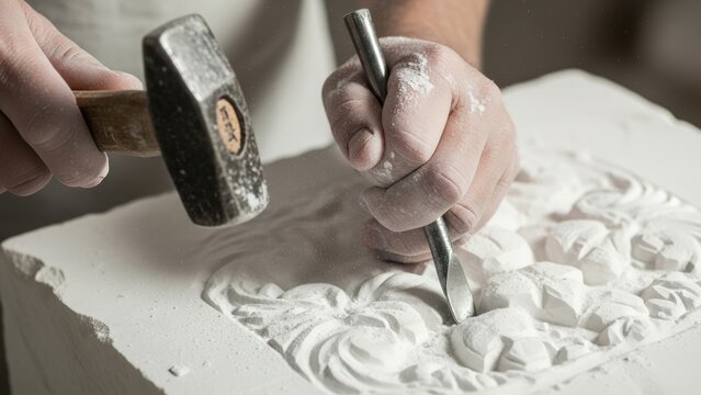 A sculptor's hands using a hammer and chisel to carve an intricate design in stone.