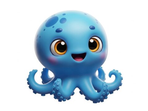Cute cartoon blue octopus smiling isolated on white background