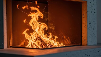 Naklejka premium A modern fireplace with a roaring fire set into a concrete wall.