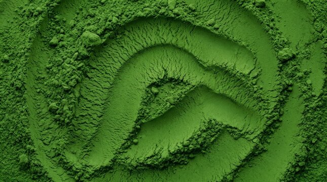 Macro texture of organic matcha green tea powder swirl pattern for longevity kitchen concepts