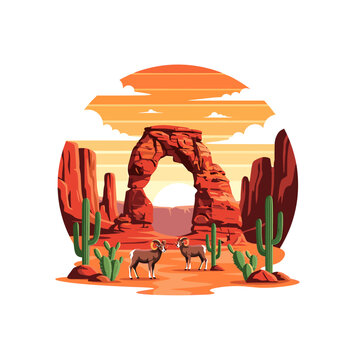 Arches National Park Utah Desert Landscape Illustration with Bighorn Sheep and Saguaro Cactus