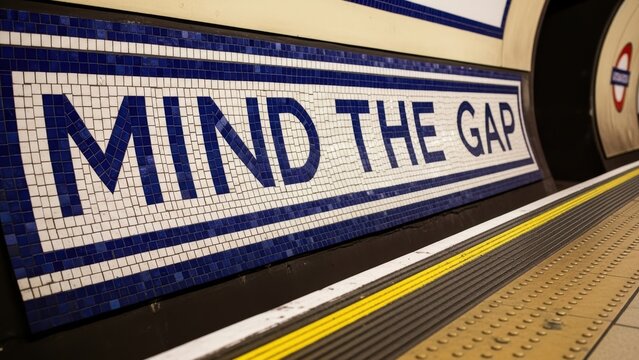 Close-up of a "Mind the Gap" mosaic sign in the London Tube.