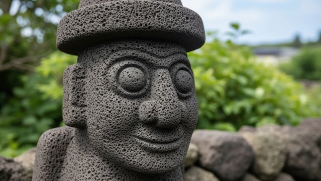 Close-up of a Dol Hareubang stone statue in Jeju Island, Korea.