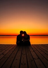 Obraz premium A pair sits closely on a wooden pier, overlooking the stillness of a lake as the sunset paints the sky in shades of orange and gold, harmony, pair, sky