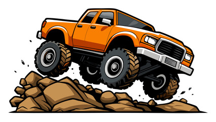 Orange Monster Truck Off Road Vehicle Climbing Over Rocks Illustration © Muhamad