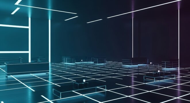Futuristic lounge interior featuring neon cyan glowing grids on dark floors and walls with sleek minimalist furniture in a dim setting, minimalist, rendering, environment