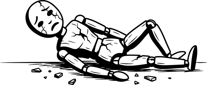 Broken Human Puppet Lying on Floor Black and White Illustration Showing Emotional Exhaustion, Burnout, Trauma, Depression, Mental Health Breakdown, and Inner Pain