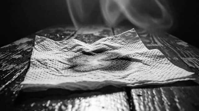 Black and white close up of a burning paper towel releasing smoke against dark backdrop with musical notes