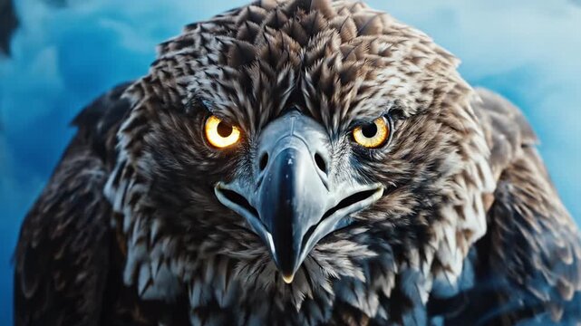 Close up of eagle head with yellow eyes in smoke