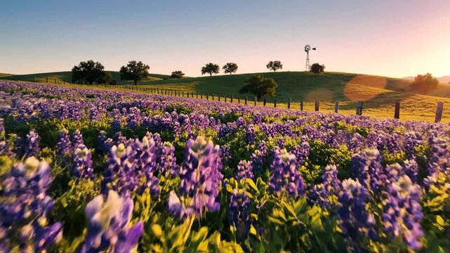Texas Bluebonnet Field at Sunset with Windmill