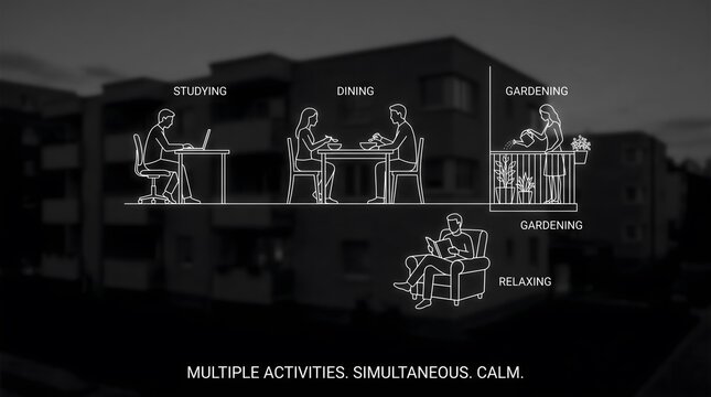 Minimalist outline illustration of residents engaging in daily household living activities.
