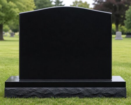 Black granite headstone with polished surface in sunny cemetery grass outdoor setting