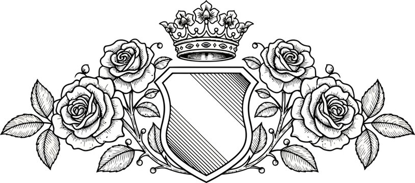 A royal crest with crown, shield, and roses in an elegant engraving vector illustration style.