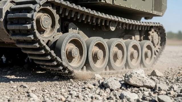 Tank tracks moving over a gravel and dirt terrain.