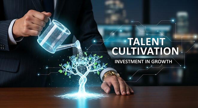 Nurturing growth or talent. An executive's hands 'water' a small holographic plant with a virtual watering can, causing it to grow, representing investment in growth