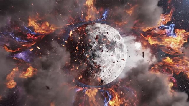 Cosmic eye with moon pupil and fiery orange flames