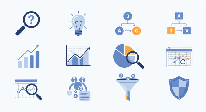 A collection of blue and orange vector icons representing data analysis, business intelligence, strategic planning, and security concepts.