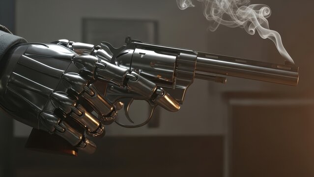 A robotic hand holding a smoking revolver.