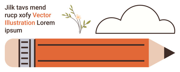 Education, creativity, writing, design, art, concepts. An orange pencil, a minimal cloud shape floral detail and text lines. Education and creativity conceptual material for varied uses © robu_s