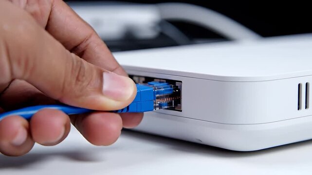 Close up of a hand plugging a blue ethernet cable into a white router.