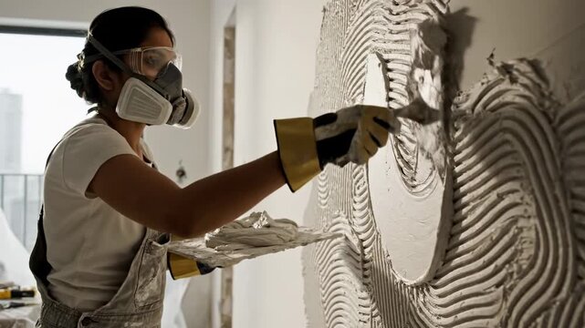 Woman Plastering Wall with Trowel During Home Renovation