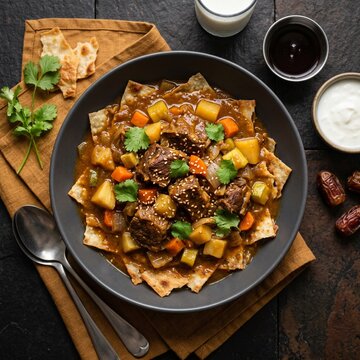 Professional Close-Up Photograph of Authentic Emirati Thereed - Slow-Cooked Lamb and Vegetable Stew Over Crispy Rigag Flatbread - Dark Matte Background - 8K Stock Photo
