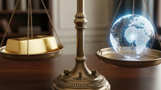 A weighing scale balancing a gold bar against a digital globe.
