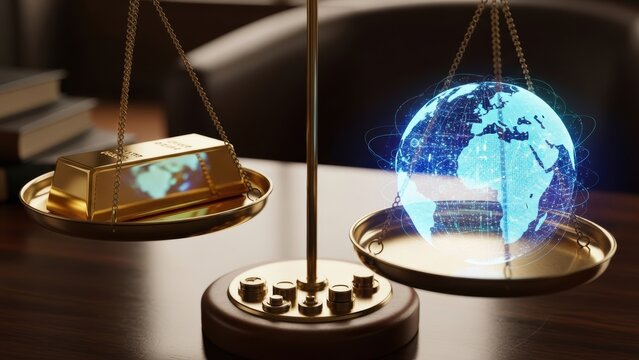 A balance scale weighing a gold bar and a holographic Earth.