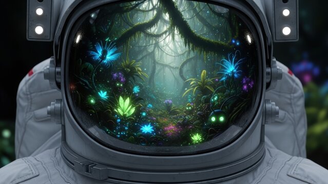 An astronaut's helmet reflecting a mysterious, glowing alien forest.