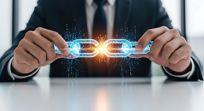 Rebuilding trust concept. A team leader's hands join the ends of a 'broken link' in a holographic chain, repairing the connection to symbolize rebuilding trust.