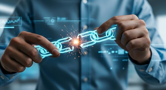 Rebuilding trust concept. A team leader's hands join the ends of a 'broken link' in a holographic chain, repairing the connection to symbolize rebuilding trust.