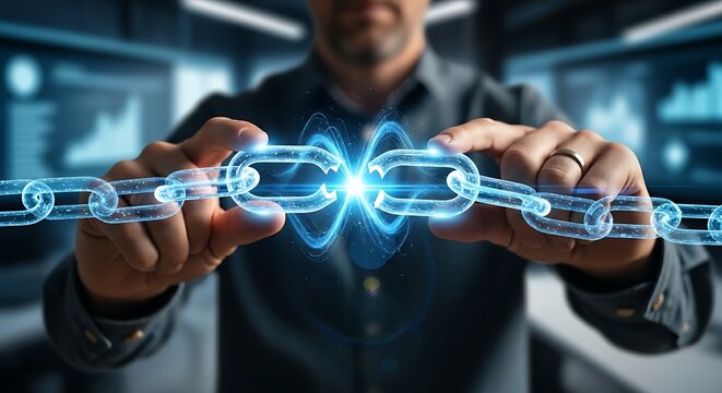 Rebuilding trust concept. A team leader's hands join the ends of a 'broken link' in a holographic chain, repairing the connection to symbolize rebuilding trust.