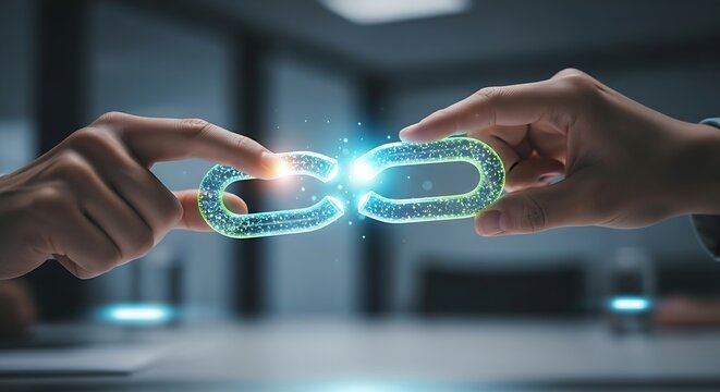 Rebuilding trust concept. A team leader's hands join the ends of a 'broken link' in a holographic chain, repairing the connection to symbolize rebuilding trust.