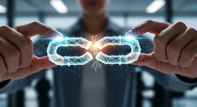 Rebuilding trust concept. A team leader's hands join the ends of a 'broken link' in a holographic chain, repairing the connection to symbolize rebuilding trust.