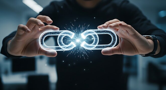 Rebuilding trust concept. A team leader's hands join the ends of a 'broken link' in a holographic chain, repairing the connection to symbolize rebuilding trust.