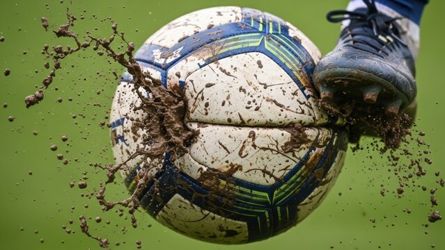 A muddy soccer boot kicking a soccer ball, splashing mud.