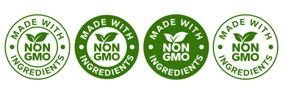 GMO free icon set. Non GMO label. No added or artificial chemicals logo, label, badge, sticker, symbol, emblem, stamp, line, vector, isolated illustration. GMO free label for product packaging design.