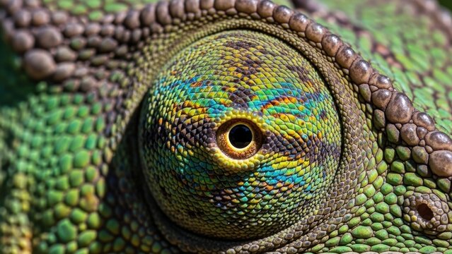 Macro photo of the colorful, textured eye of a chameleon.