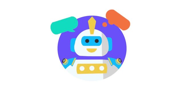 Cute AI chatbot assistant avatar with colorful speech bubbles. Flat vector illustration of a friendly robot character for customer support, technology, and virtual assistant concept