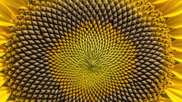 A detailed close-up of the geometric seed pattern in a sunflower.