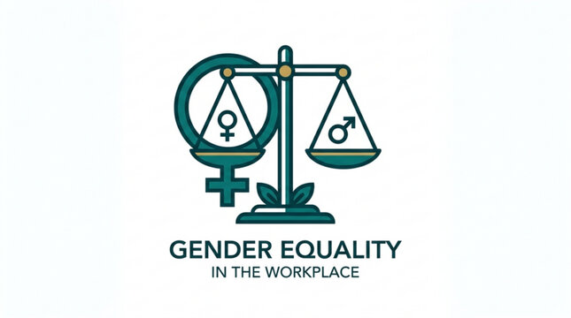 Gender equality symbol with balance scale and male and female signs on white background for workplace diversity concepts