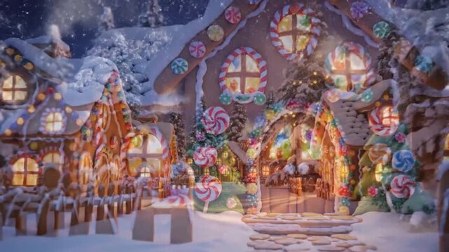 Gingerbread house in a snowy pine forest at night