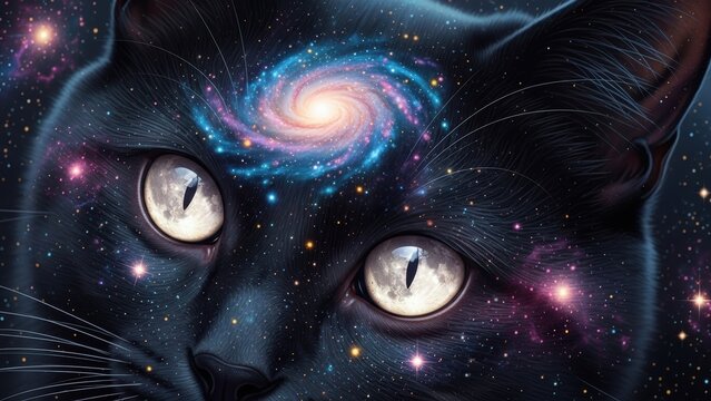 A black cat with a spiral galaxy on its forehead and moons in its eyes.