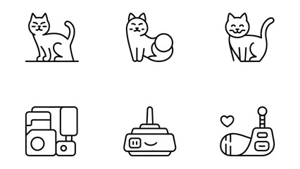 Set of simple line art icons depicting three different cute cartoon cats and three retro gaming controllers including a joystick and a console gamepad © Asma 