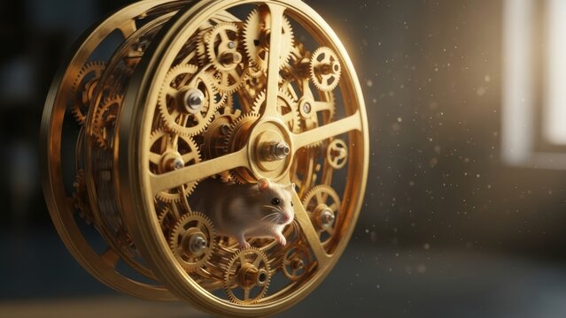 A small hamster running inside an intricate, golden clockwork wheel.