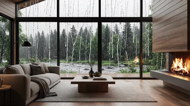 Cozy Luxury Cabin Living Room with Roaring Fireplace and Rainy Forest Window View - Seamless Loop Virtual Background