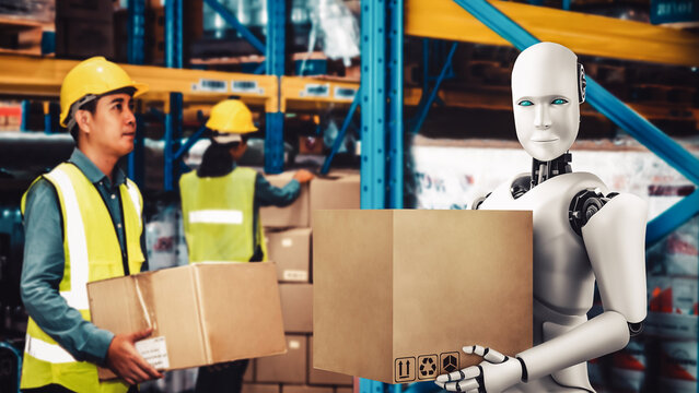Innovative industry robot working in warehouse together with human worker . Concept of artificial intelligence for industrial revolution and automation manufacturing process .