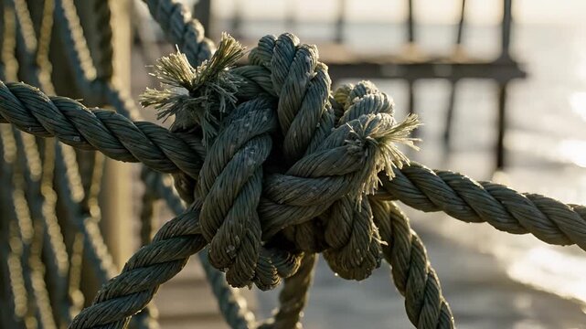 Closeup of a complex knot made of thick ropes on a pier.